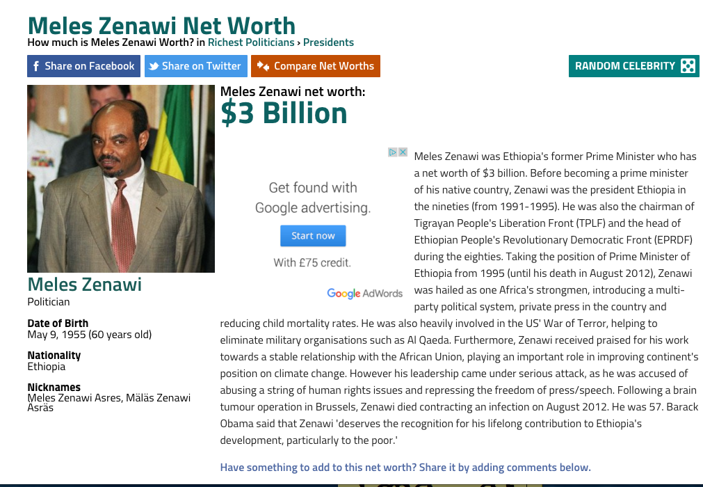 Meles Zenawi alone looted 3.00 Billion US Dollars